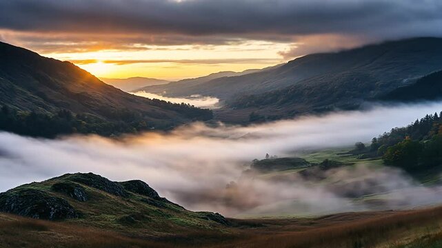 Serene sunrise over misty valley with rolling hills
