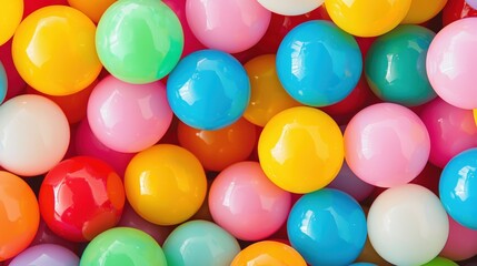 A vibrant collection of colorful plastic balls scattered together, showcasing a rainbow of hues in a playful and cheerful arrangement.