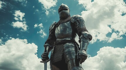 Naklejka premium Medieval knight, sword, sky, clouds, history