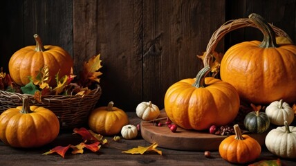 Pumpkins and gourds arranged on a rustic wooden table in a seasonal display