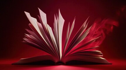 Open book, dramatic red light, smoke, knowledge
