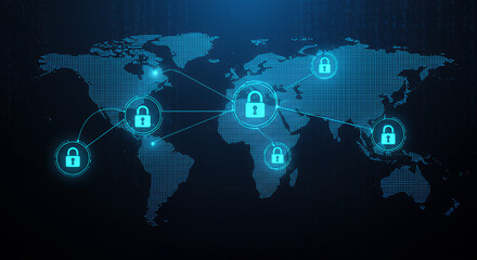 Global Cybersecurity Network: Secure World Map with Lock Icons | Data Protection & Cyber Security Solutions Worldwide