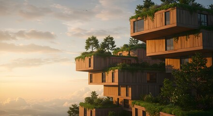Obraz premium Sustainable stacked architecture featuring lush greenery and sky view