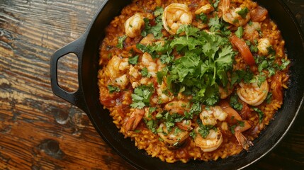 Vibrant Seafood Dish with Shrimp and Fresh Herbs in Cast Iron Pan