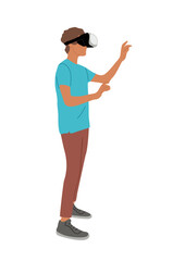 Young man in virtual reality headset standing side view. Guy in casual clothes wearing digital glasses travel in metaverse. Modern technologies. Flat Vector illustration isolated