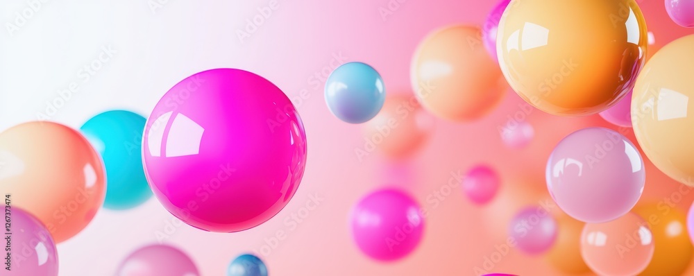 Poster a vibrant arrangement of colorful spheres floating against a soft gradient background, creating a pl