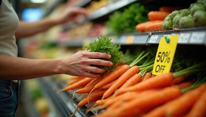 Shopper selecting fresh carrots in a grocery store, with vibrant produce and discounts visible