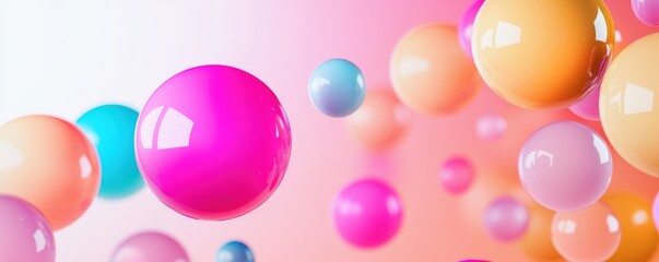 A vibrant arrangement of colorful spheres floating against a soft gradient background, creating a playful and dynamic visual effect.