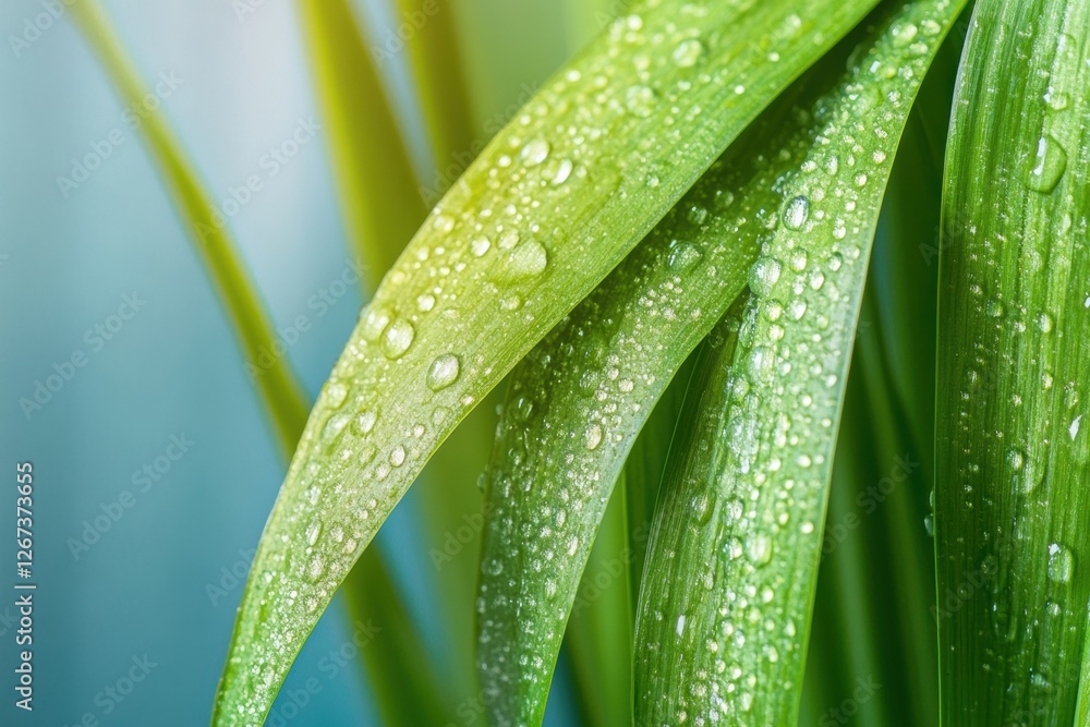 Leinwandbilder close up of fresh green leaves with water droplets in a serene setting filled with soft light. gener