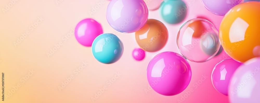 Poster a vibrant arrangement of colorful bubbles floating against a soft, gradient background, creating a c