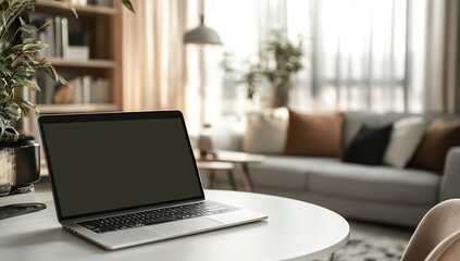 Laptop on Table in Modern Living Room, Cozy Home Office Setup, Remote Work Space,  Peaceful Atmosphere,  Relaxing Environment,  Work from Home,  Comfortable Interior Design, 