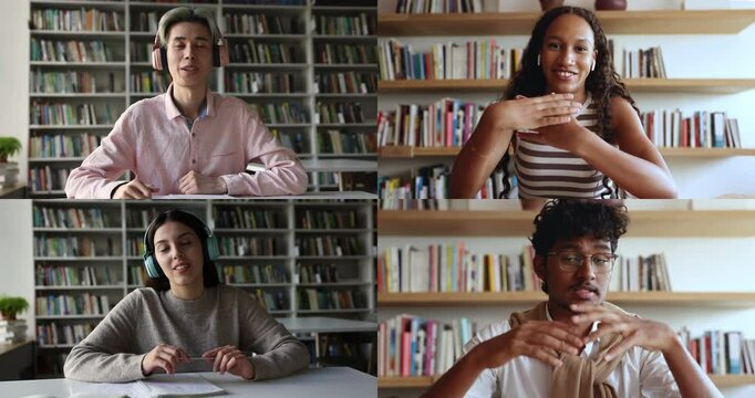 Split-screen collage four multiethnic students engaged in online class in library, talking, sit at desk, take part in remote virtual video call, learn, gain new knowledge. Group study, webinar, apps