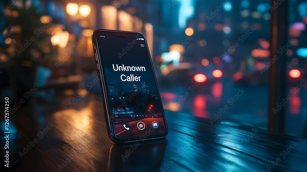 Poster mobile application interface display on smartphone screen during rainy night creating modern digital