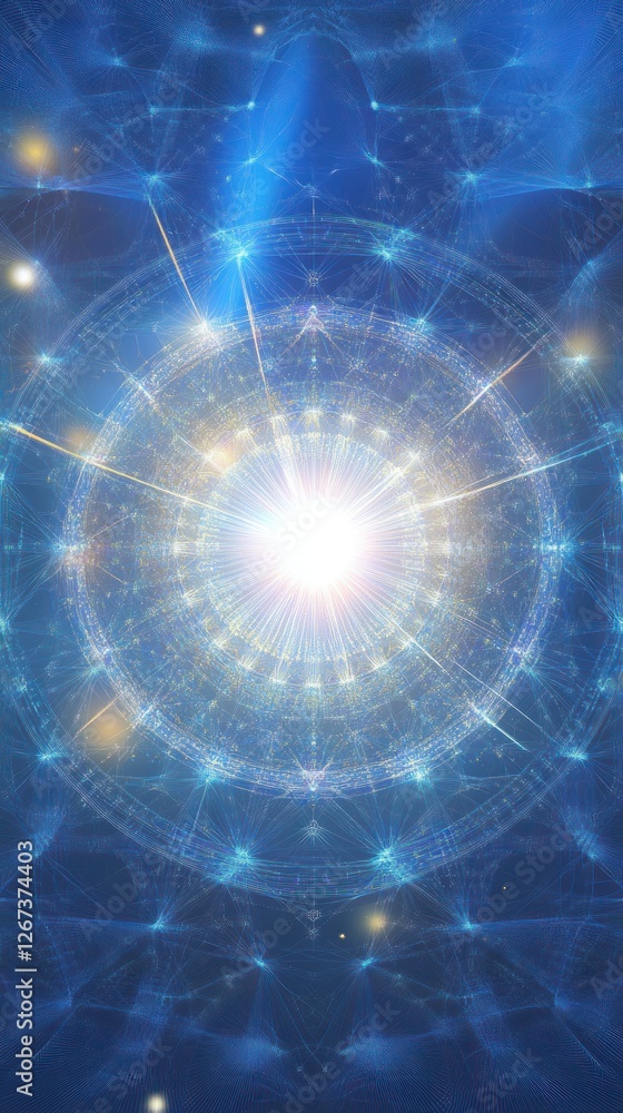 Poster abstract cosmic design featuring radiant blue and white light patterns, creating a mystical atmosphe