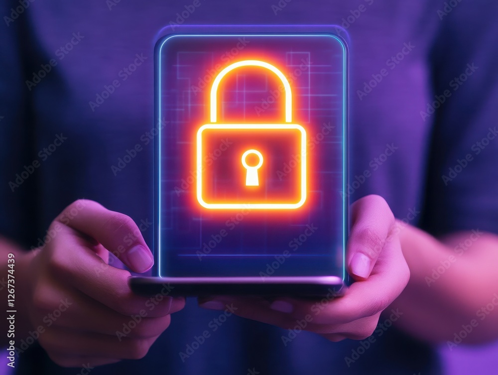 Poster a person holding a smartphone displaying a glowing padlock symbol, representing digital security and