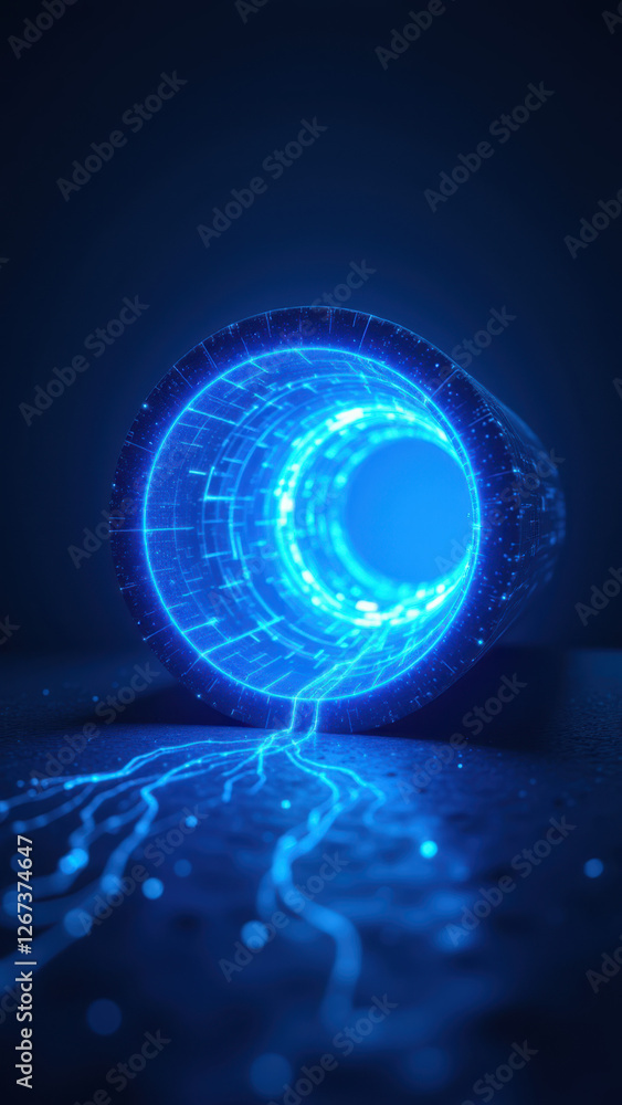 Poster high-tech, futuristic cybersecurity device with glowing blue inner circuitry on a dark surface.