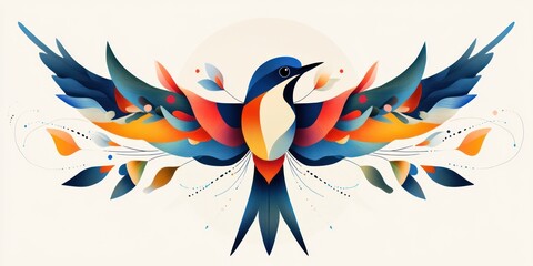 Obraz premium A swallow bird gracefully soars with its vibrant wings spread wide among leaves and swirling elements, capturing the essence of freedom and springtime. 