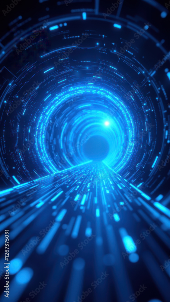 Poster a tunnel-like structure filled with flowing blue digital data, representing cybersecurity and intern