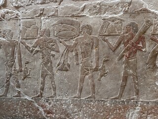 Reliefs in the tombs of inefert, unas Ankh and princess Idut showing daily life rituals in Saqqarah...