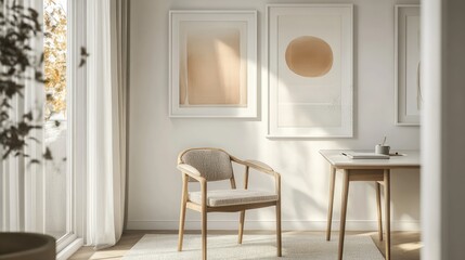 Minimalist home office chair, sunlight, artwork