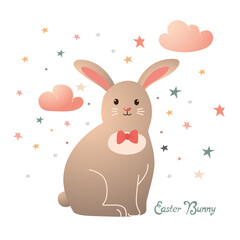 one cute easter beige bunny with coloful stars and pink clouds with gradien effect. vector easter art with sweet rabbit