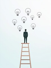 Obraz premium Businessman Standing on Ladder with Light Bulbs Illustrating Ideas and Innovation Concept