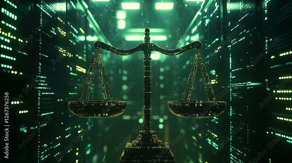 Poster law scales on background of data center. digital law concept of duality of judiciary, jurisprudence 