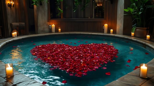A heart made of red rose petals is floating in a pool of water