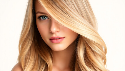 Fototapeta premium Graceful Young Woman with Flowing Blonde Hair on White Background