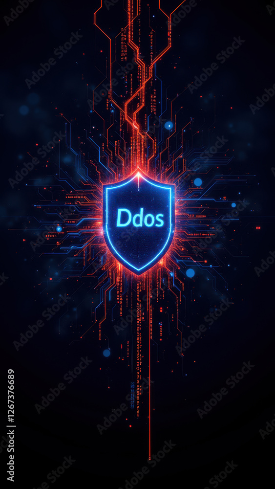 Aufkleber cybersecurity shield with digital circuitry against a cyberattack backdrop.