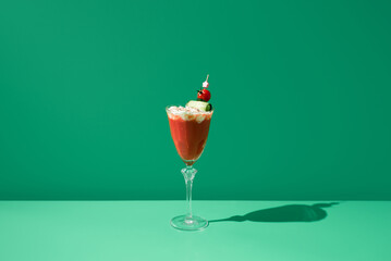 Cóctel Bloody Mary servido con crema de rábano picante adornado con tomate cherry y pepino sobre...