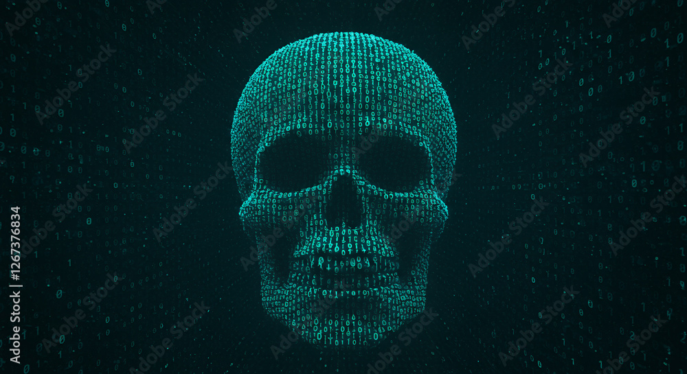 Poster digital skull: cyber security threat, data breach, and hacker concept art in binary code design.