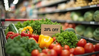 Fresh vegetables and fruits on sale in a grocery store, showcasing vibrant colors and a discount sign
