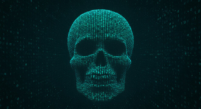 Digital Skull: Cyber Security Threat, Data Breach, and Hacker Concept Art in Binary Code Design.