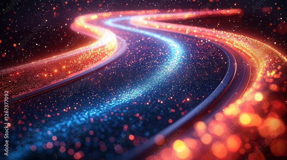 Poster glowing particle streams flow through space, ideal for technology or sci-fi visuals