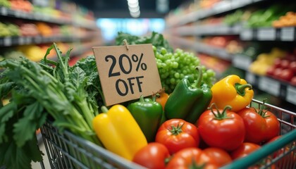 Fresh vegetables and fruits in a shopping cart with a discount sign in a vibrant grocery store