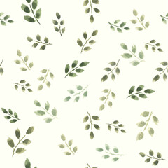 Watercolor autumn green leaves seamless pattern vector. Hand-painted foliage design in a repeating pattern.  Scalable vector format. Ideal for textiles, wallpaper, packaging, and more.