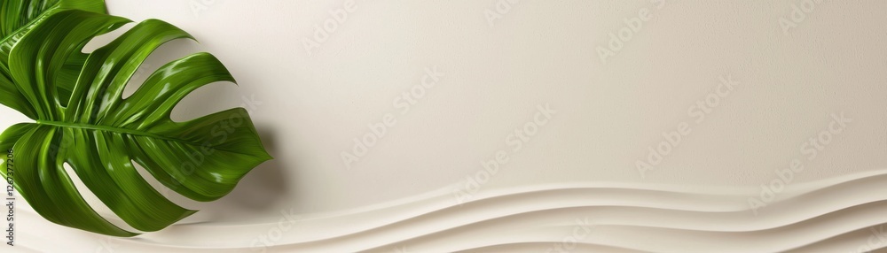Poster elegant green leaf on soft neutral background with subtle texture and flowing layers of organic desi