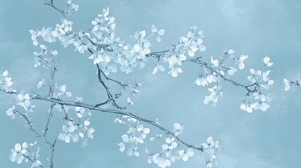 vintage cherry blossoms, branches with flowers,  art on blue nature print, seamless wallpaper