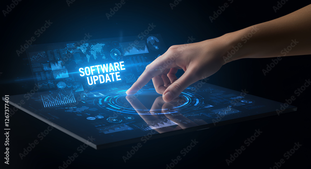 Poster software update: hand tapping future tech display - enhance your system today!