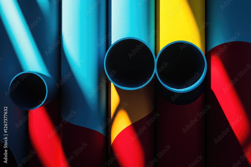 Poster abstract image of colorful cylindrical tubes with contrasting shadows, creating a vibrant and geomet