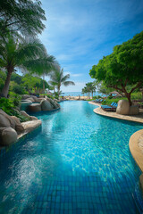 Obraz premium Inviting turquoise pool water sparkles under the sun at a luxury resort in pattaya, thailand, offering a tranquil escape with beach views