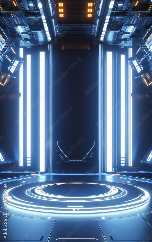 Poster Futuristic Stage, Glowing Lights, Sci-Fi Setting, Product Display