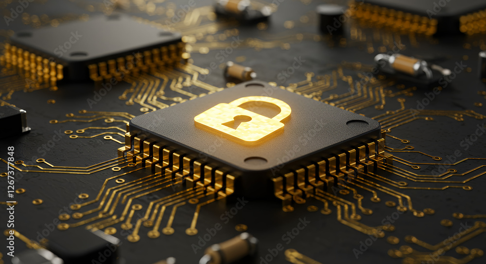 Poster secure chip: cybersecurity lock on microchip, golden circuit protection for data privacy, tech secur