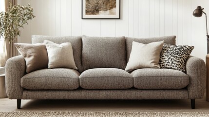 Modern grey sofa in living room,  neutral decor, calm atmosphere, home interior design