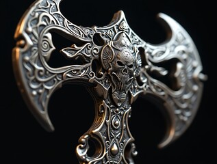 Macro close-up of a unique futuristic axe made in the Gothic style