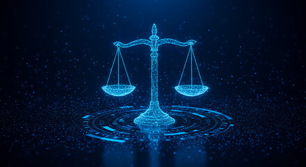 Digital Justice: Scales of Law in a Futuristic Blue Tech Landscape. Balancing Ethics & Tech.