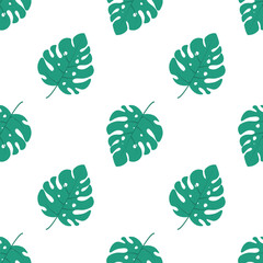 Seamless pattern with tropical green leaves. Monstera on a white background. Suitable for fabric design, cover, background. Vector.