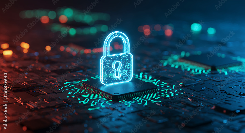 Poster cyber security: glowing padlock on cpu - data protection, network security, ai, and encryption for d