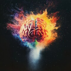 Exploding brain, vibrant colors, cosmic background, creative concept